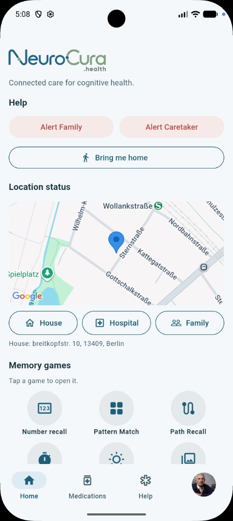 NeuroCura home with location map, help actions, and daily overview